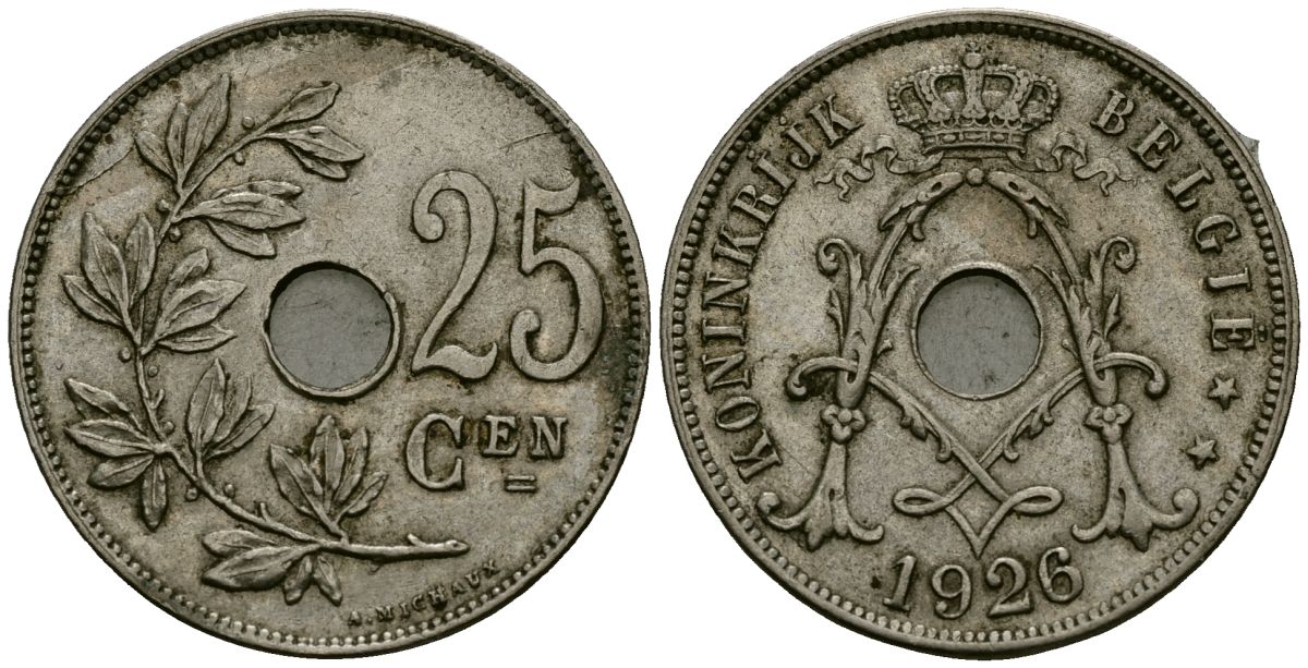 Бельгия 25 сантимов 1926 Belgie KM 69 медно-никель 4165-916
