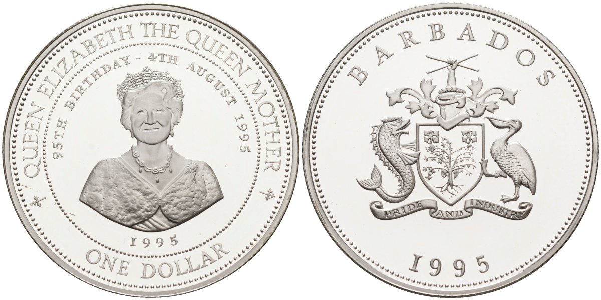 Барбадос 1 доллар 1995 95 лет со дня рождения Королевы-матери KM 65 серебро PROOF 1096-4-22