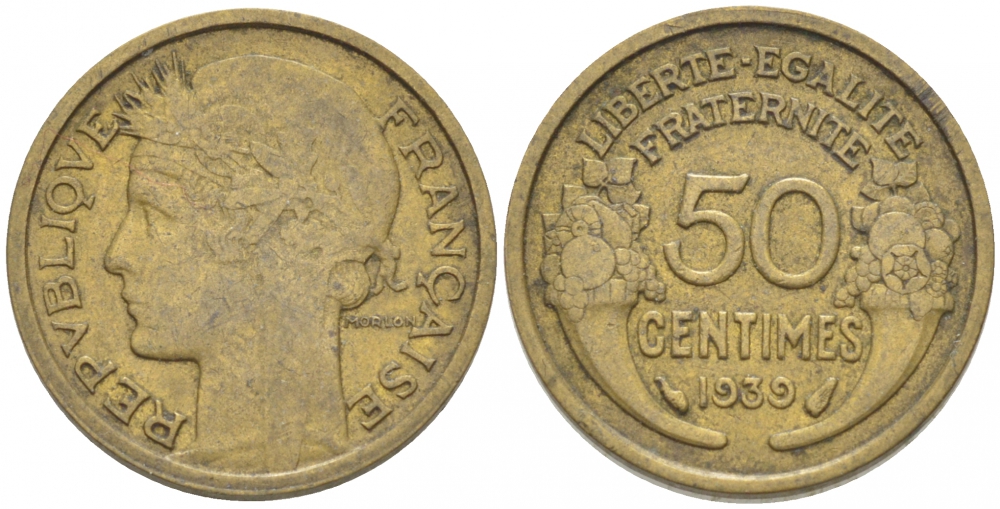 ФРАНЦИЯ 50 САНТИМОВ 1939 ТИП МОРЛОН KM 894.1, LE FRANC 192.15 алюминиевая бронза 3309-148