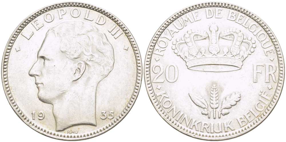 Бельгия 20 франков 1935 Леопольд III (1934-1950) KM 105 серебро 4512-1035