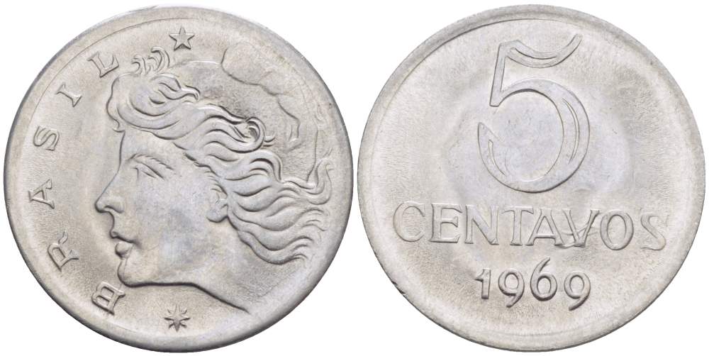 Бразилия 5 сентаво 1969  голова свободы влево KM 577.2, Schon 82a нержавеющая сталь 4529-353