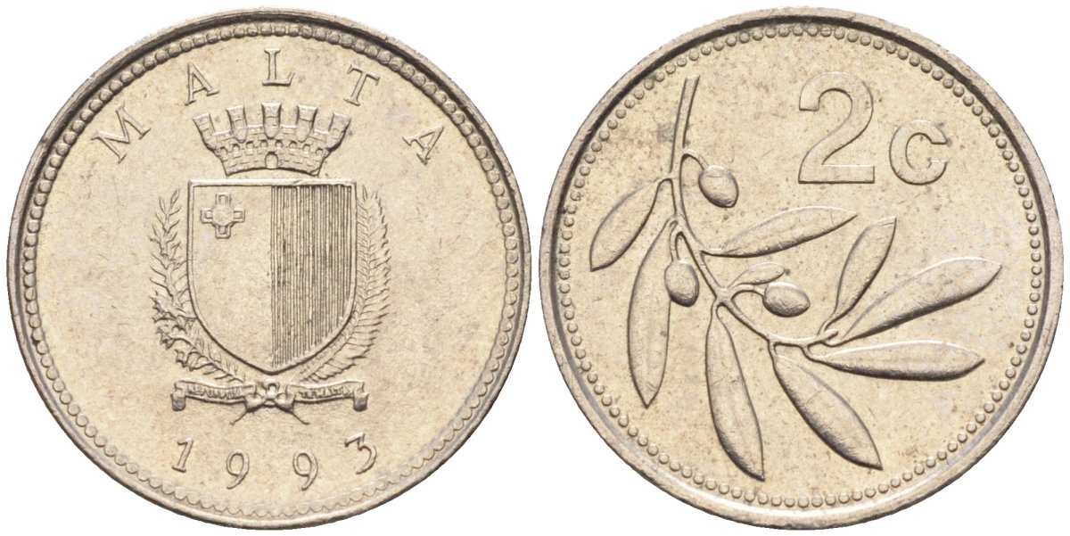 Мальта 2 цента 1993 оливковая ветвь KM 94 медно-никель 188-466