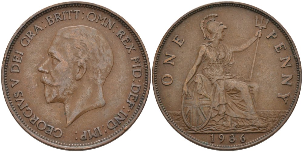 Великобритания 1 пенни 1936 Георг V (1910-1936) KM 838, Spink 4055 бронза 4574-112