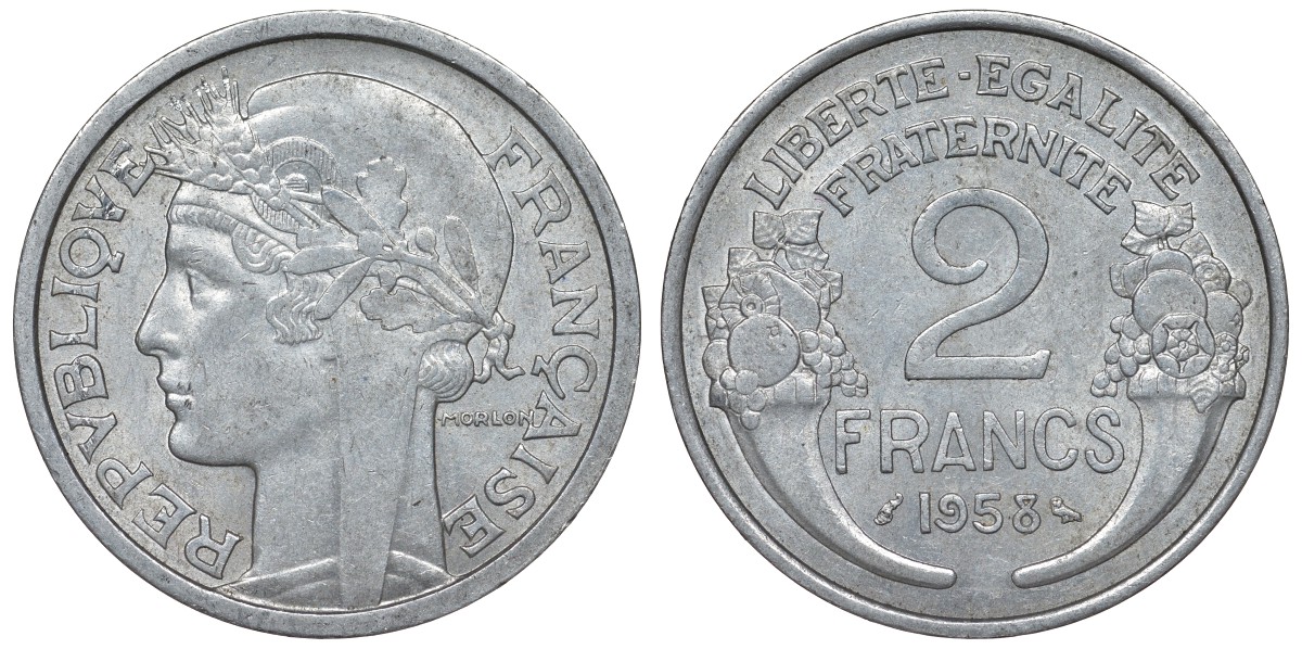 Франция 2 франка 1958 KM 886а.1, Le Franc 269.18 алюминий 4123-413