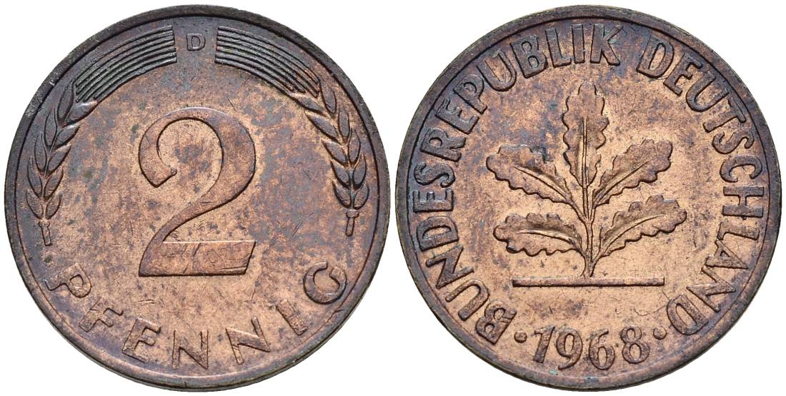 ФРГ 2 пфеннига 1968 G KM 106a, J.381a сталь плакированная медью 4546-946