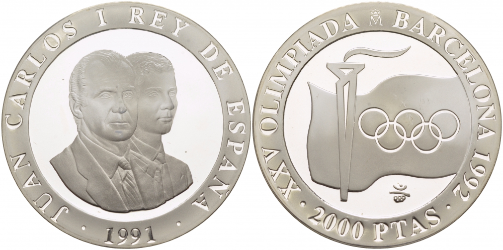 Испания 2000 песет 1991 XXV летние Олимпийские игры 1992 года в Барселоне, флаг, олимпийский огонь KM 887 серебро PROOF 02-112-43