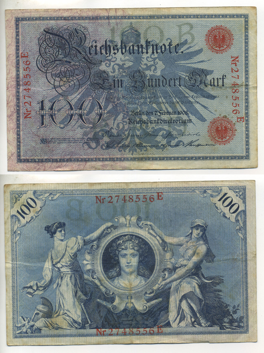 ГЕРМАНИЯ 100 МАРОК 1908 7 ФЕВРАЛЯ 1908, КРАСНАЯ ПЕЧАТЬ, ДЛИННА НОМЕРА СЕРИИ 29 ММ. Pick 33а бумага 7457-36-2-1