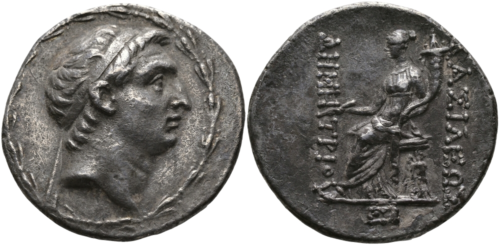 Государство Селевкидов тетрадрахма 155 - 153 гг. до н.э. Деметрий I Сотер, Тихе - эллинистическое божество Случая, Удачи и Судьбы, Антиохия, good very fine, 15,85 гр Newell, Antioch 94 серебро 1073-8-54