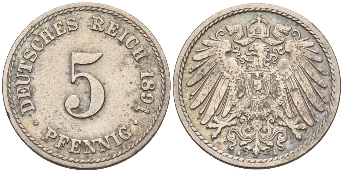 Германия 5 пфеннигов 1891 A KM 11, J. 12 медно-никель 4151-365
