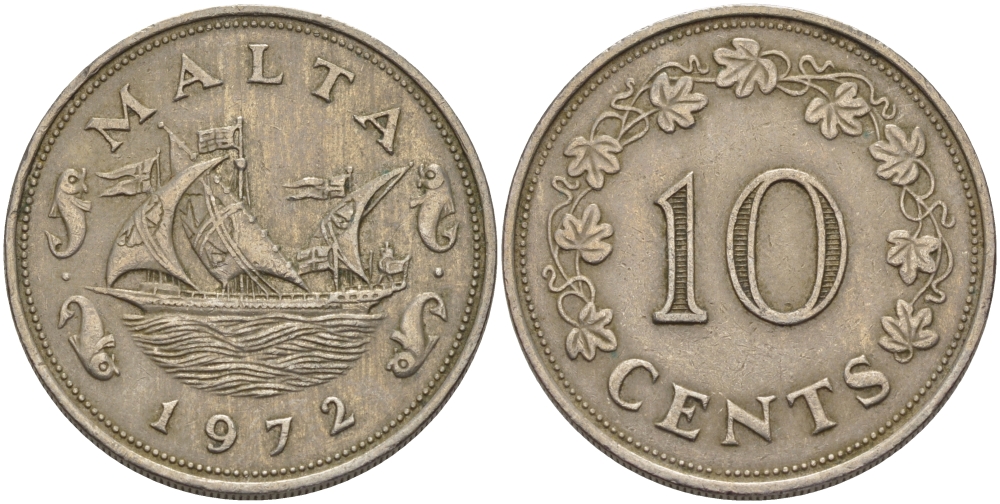 Мальта 10 центов 1972 баржа Великого магистра KM 11 медно-никель 82-415