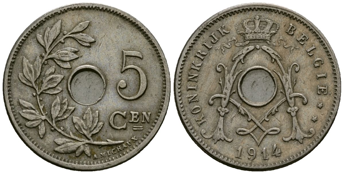 Бельгия 5 сантимов 1914 Belgie KM 67 медно-никель 4173-215