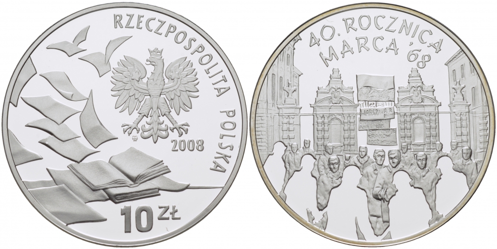 Польша 10 злотых 2008 40 лет студенческого марша 1968 года KM 632 серебро PROOF 1096-3-22