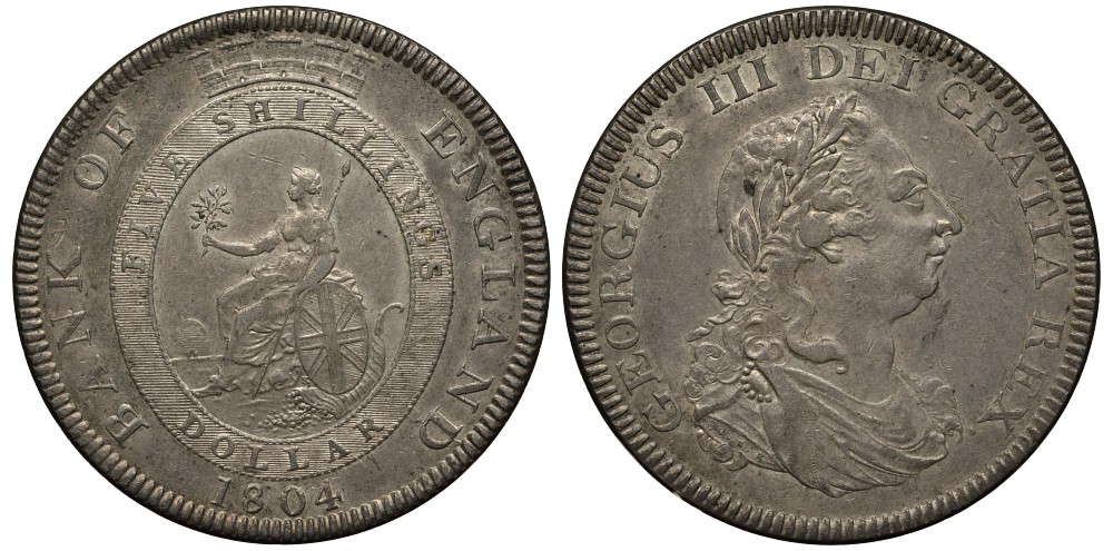 Англия 5 шиллингов 1804 торговый доллар Dav. 101, Seaby 3768 серебро aUNC 00-000-00