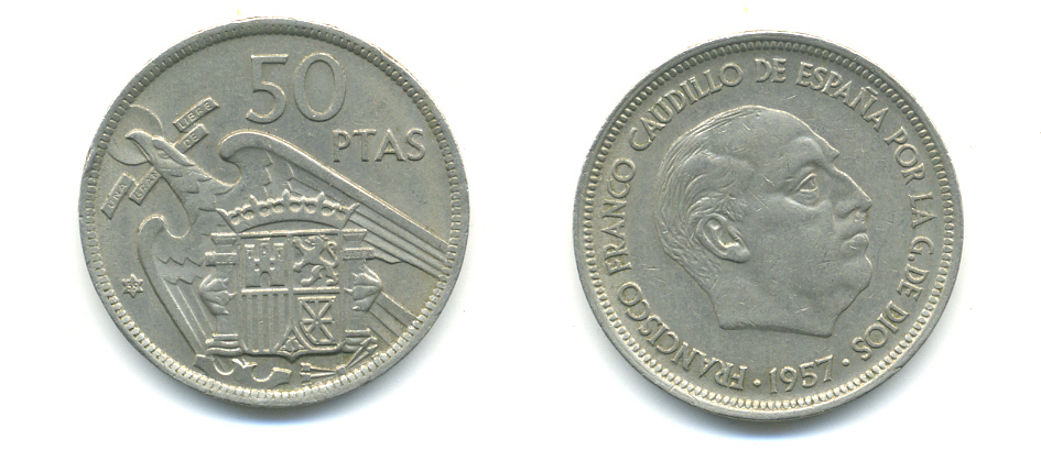 ИСПАНИЯ 50 ПЕСЕТ 1957 (59) ФРАНЦИСКО ФРАНКО KM 788 медно-никель 89-245