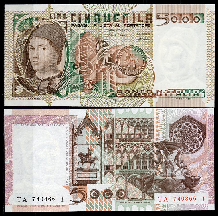 Италия 5000 лир 1980 Антонелло да Мессина Pick 105 b  бумага  UNC (пресс) 450-27-1