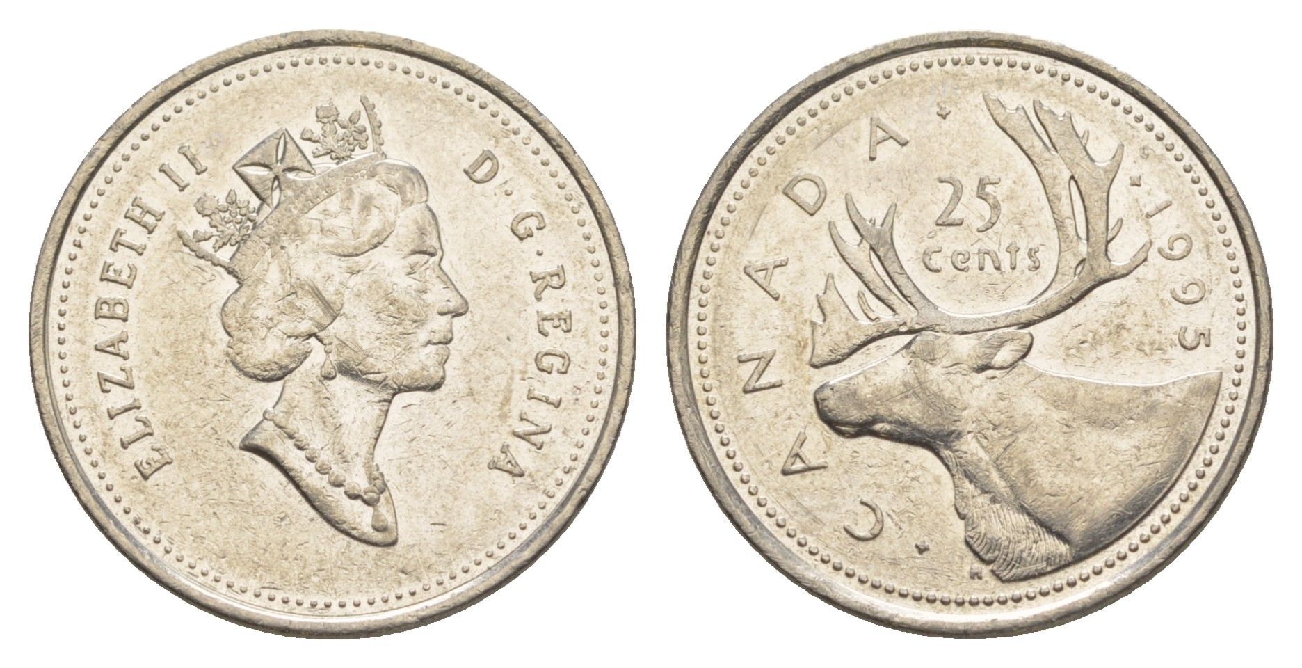 Канада 25 центов 1995 Елизавета II (1952-2022), олень KM 184 никель 4638-543