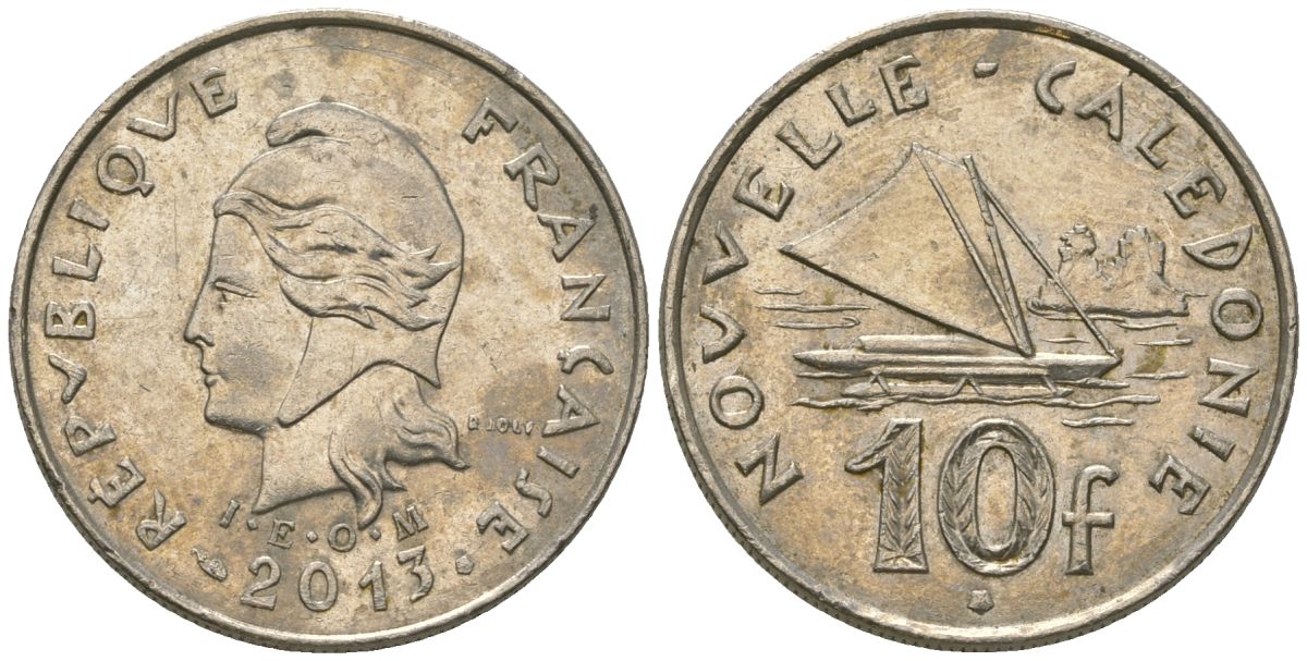 Французская Новая Каледония 10 франков 2013 рыбачья парусная лодка, (IEOM) KM 11a, Schoen 13a, Lec 99k медно-никель 67-613