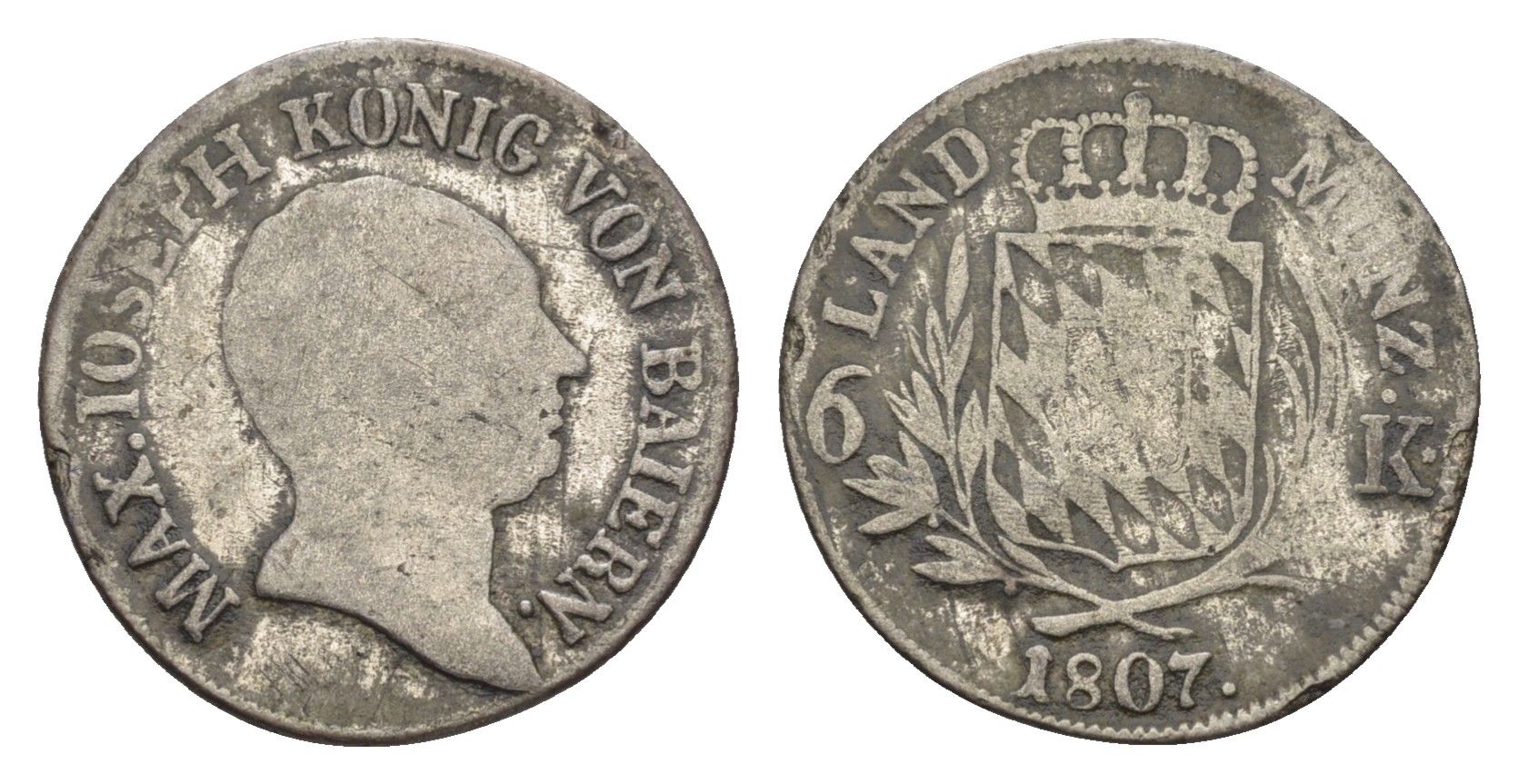 Бавария 6 крейцеров 1807 Максимилиан I Иосиф (1806-1825) KM 686 серебро 4392-716