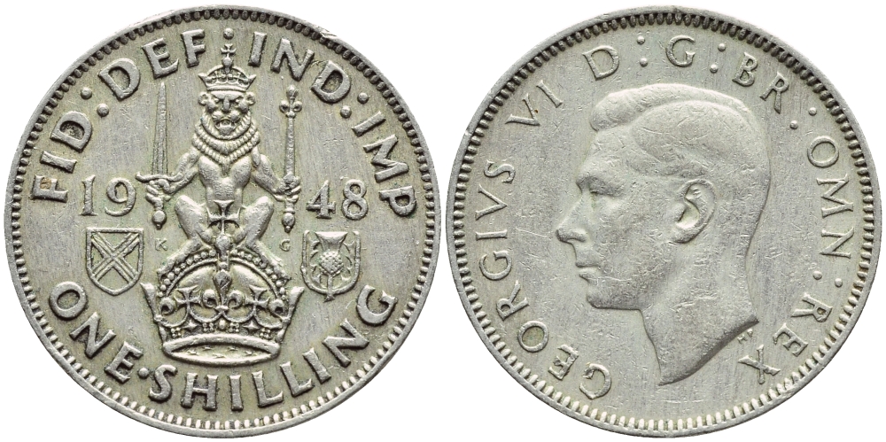 Великобритания 1 шиллинг 1948 Георг VI (1936-1952), Шотландский герб KM 864, Spink 4104 медно-никель 4395-1212