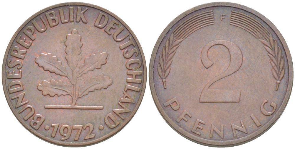 ФРГ 2 ПФЕННИГА 1972 F KM 106а, J. 381а сталь плакированная сталь плакированная медьюю 4181-768