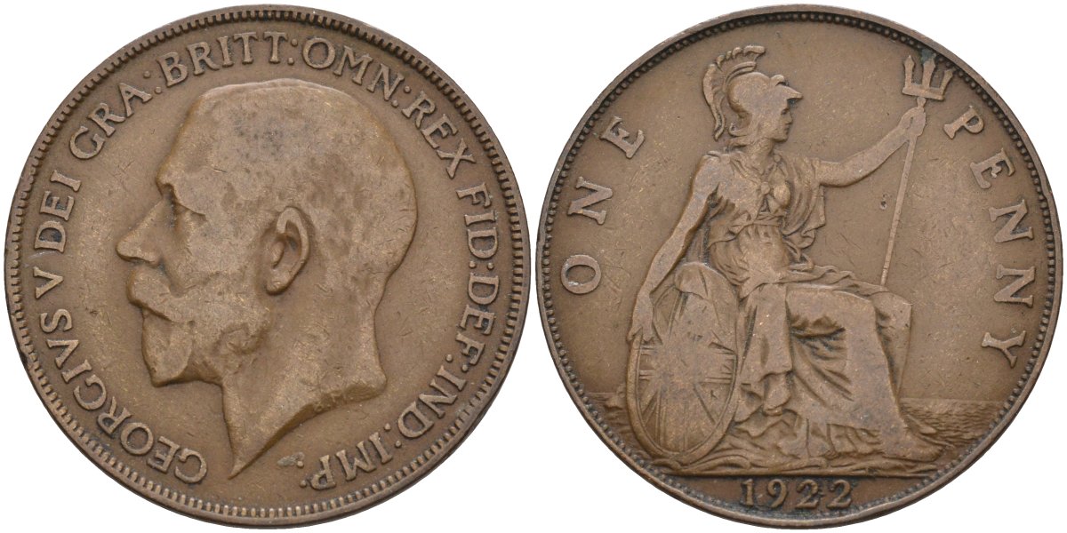 Великобритания 1 пенни 1922 Георг V (1910-1936) KM 810, Spink 4051 бронза 4117-1221