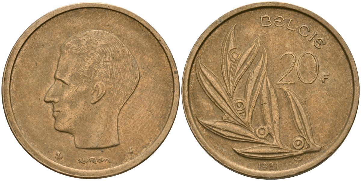 Бельгия 20 франков 1981 Надпись на голландском - 'BELGIE' KM 160 никелевая бронза 4165-332