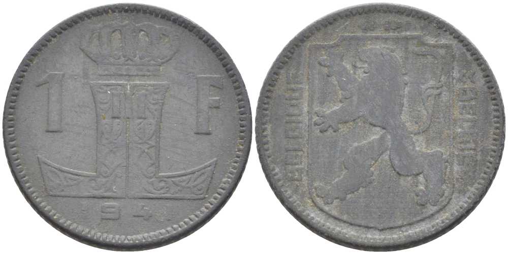БЕЛЬГИЯ 1 ФРАНК 1941 BELGIQUE-BELGIE, ГЕРМАНСКАЯ ОККУПАЦИЯ, ВТОРАЯ МИРОВАЯ ВОЙНА, ЛЕОПОЛЬД III (1934-1950) KM 127 цинк 119-431