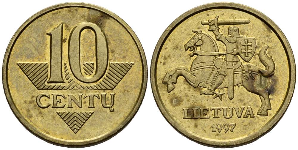 ЛИТВА 10 ЦЕНТОВ 1997 ПОГОНЯ KM 106 латунь 3955-1149