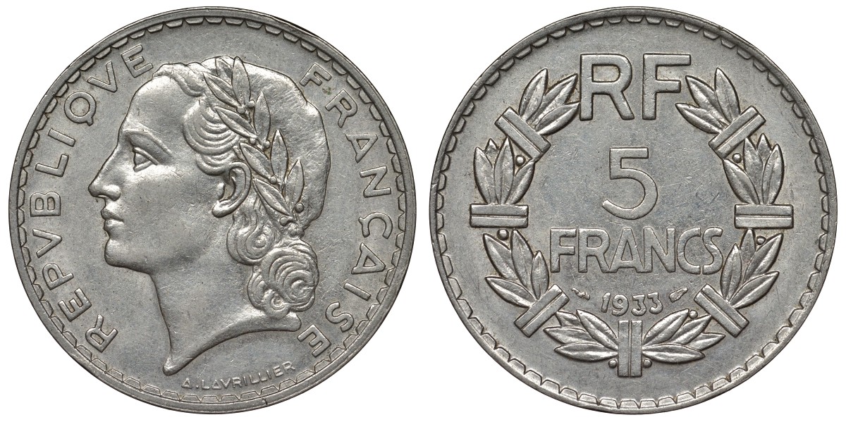 Франция 5 франков 1933 тип Lavrillier KM 888, Le Franc 336.2 никель 4123-243