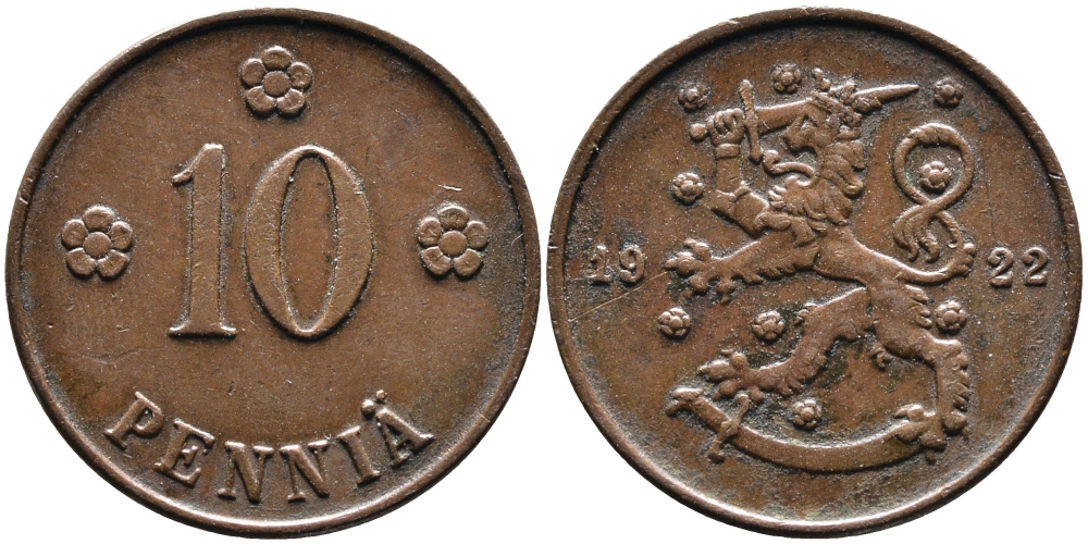 Финляндия 10 пенни 1922 республика (1918-1962) KM 24 медь 4388-857