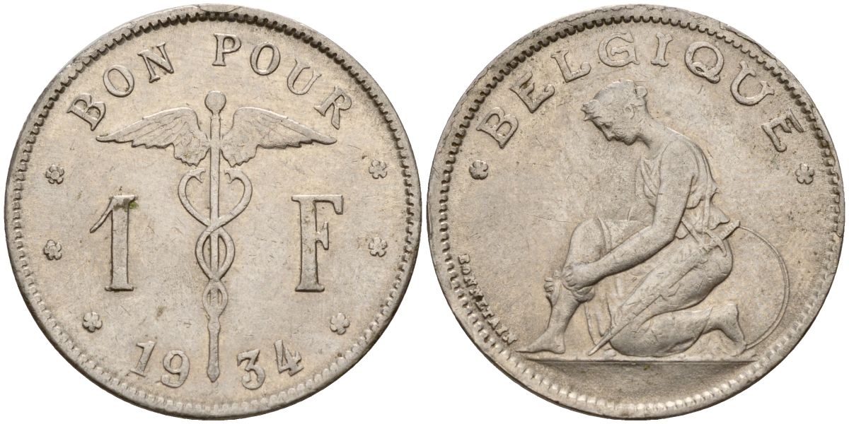 Бельгия 1 франк 1934 Belgique KM 89 никель 4150-812