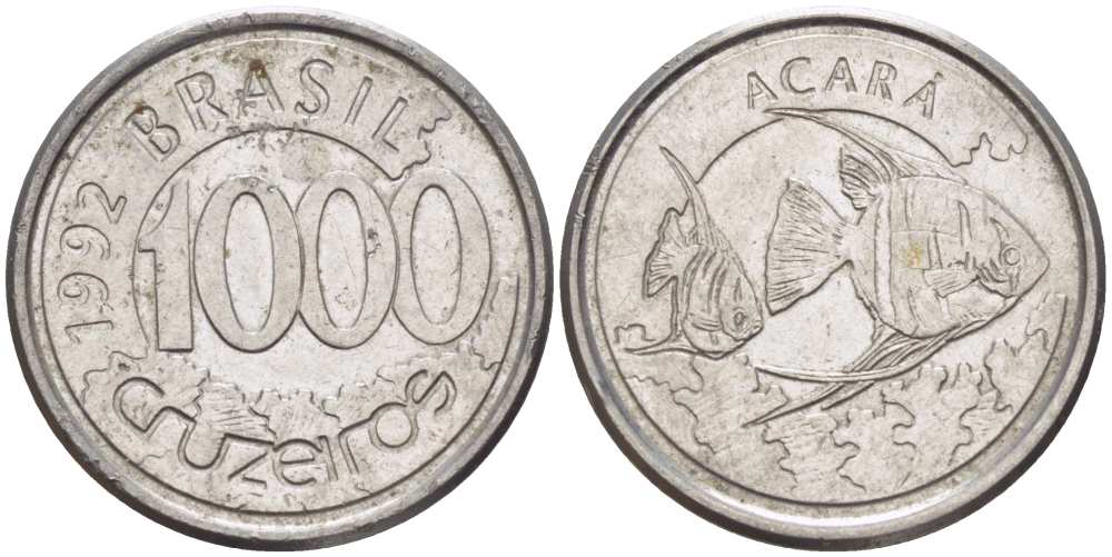 Бразилия 1000 крузейро 1993 реформа 1990-1993, рыбка Акара KM 626 нержавеющая сталь 26-653