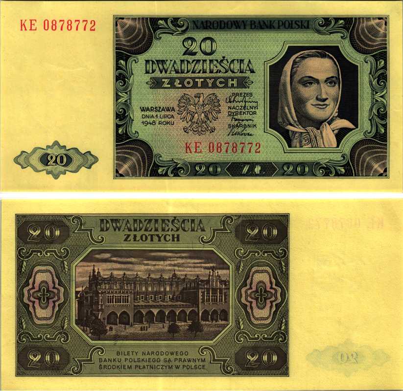 Польша 20 злотых 1948 женщина, торговые ряды в Кракове, 2 буквы в серии Pick 137 (2) бумага aUNC 00-00