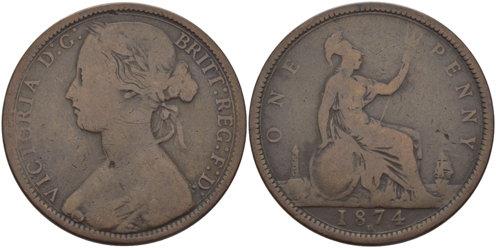 Великобритания 1 пенни 1874 Н, Виктория (1837-1901) KM 749.2, Spink 3955 бронза 97-921