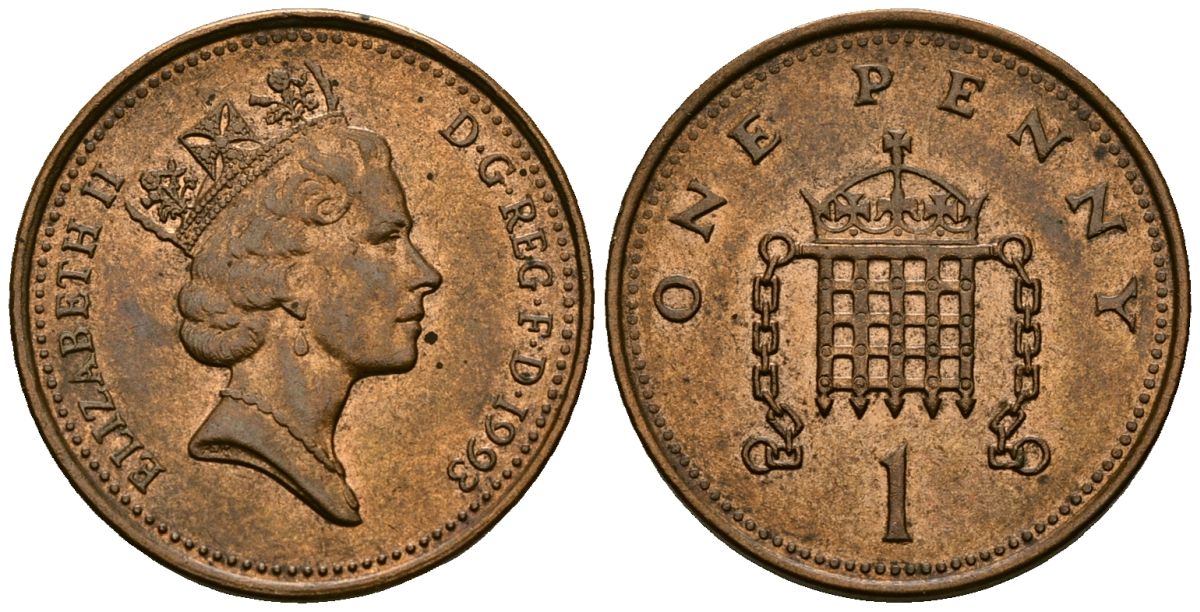 Великобритания 1 пенни 1993 Елизавета II (1952-2022) KM 935a, Spink 4391 (B4) сталь плакированная медью 4176-625