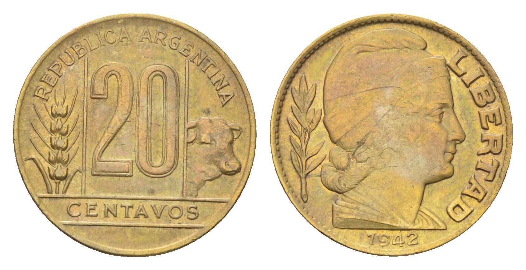 Аргентина 20 сентаво 1942 KM 42 алюминиевая бронза 4664-147