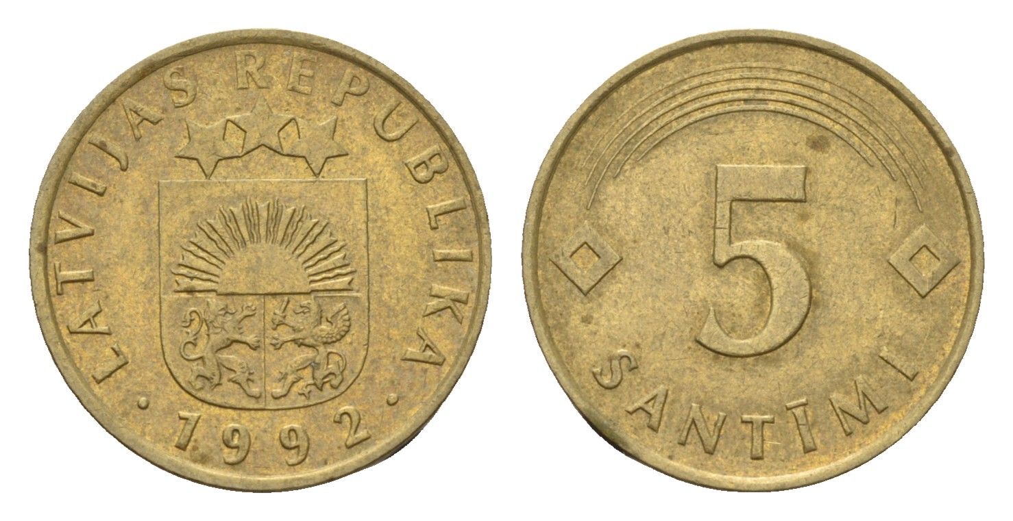 Латвия 5 сантимов 1992 KM 16 никель латунь 105-543