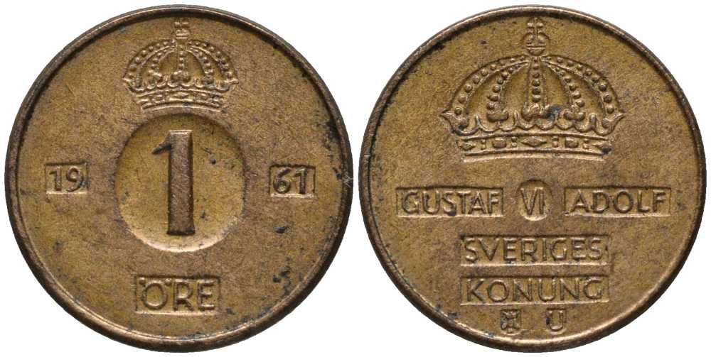 Швеция 1 эре 1961 U, Густав VI Адольф (1950-1973) KM 820 бронза 201-1151