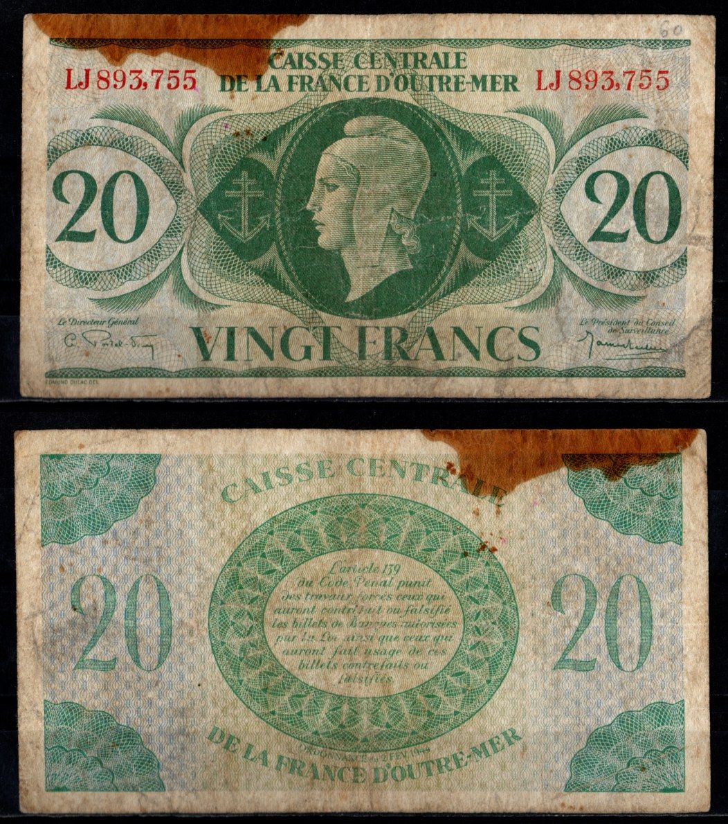 Французская Экваториальная Африка 20 франков 1944 Pick 17 b бумага 451-1288-3
