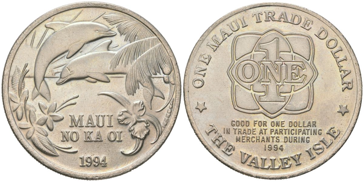 Остров Мауи (Гавайские острова) 1 доллар 1994 торговый доллар, Дельфины медно-никель UNC 4558-135