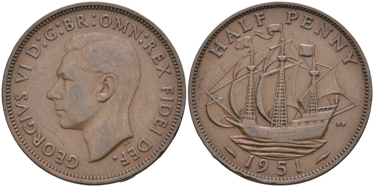 Великобритания 1/2 пенни 1951 Георг VI (1936-1952) KM 868, Spink 4118 бронза 4126-752