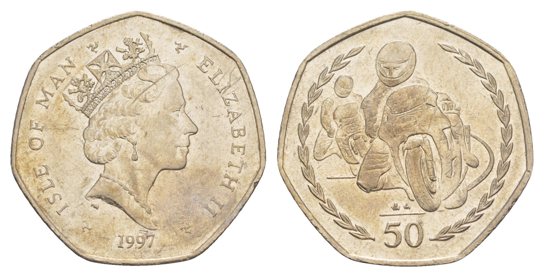 Остров Мэн 50 пенсов 1997 Мотогонки "Tourist Trophy", маленькая монета KM 806 медно-никель 4648-221