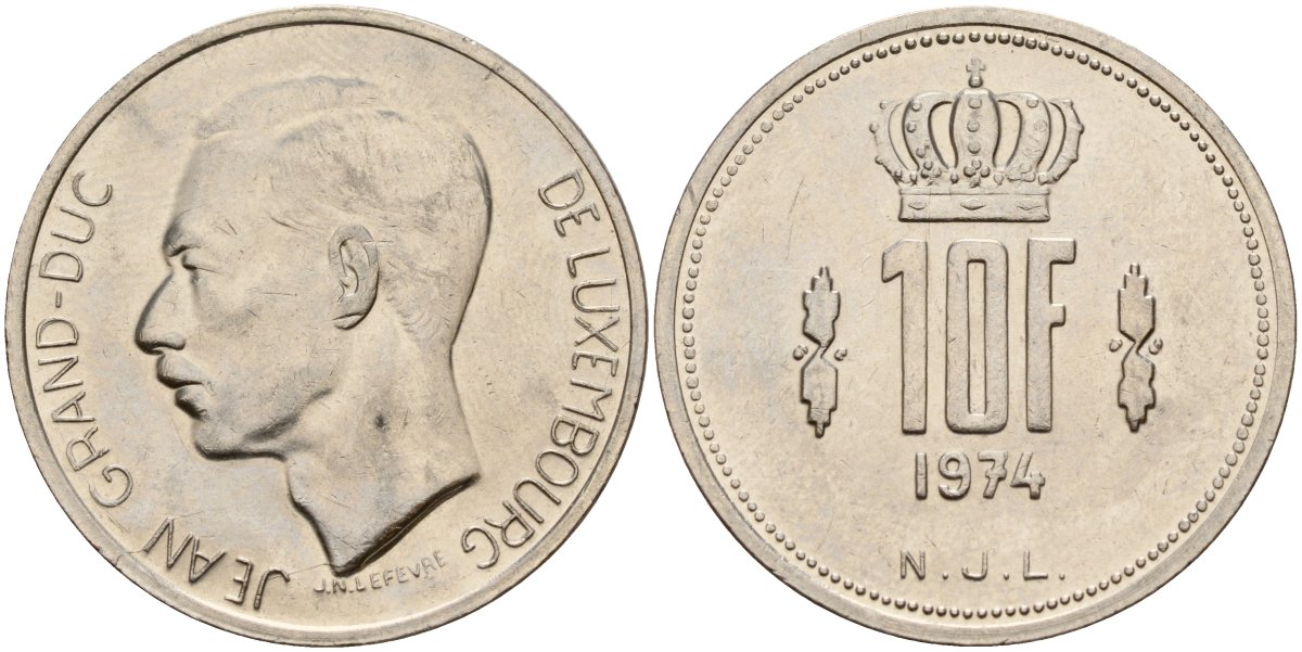 Люксембург 10 франков 1974 Великий герцог Жан (1964-2000) KM 57 никель 4157-422