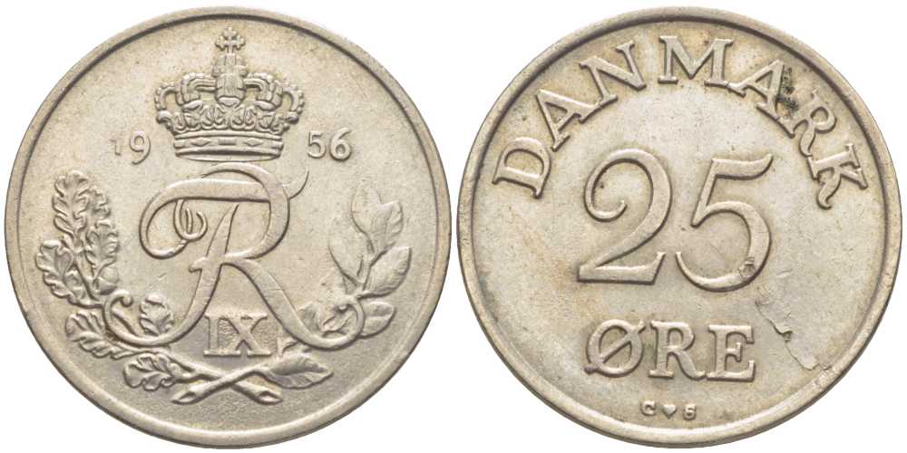 ДАНИЯ 25 ЭРЕ 1956 С;S, ФРЕДЕРИК IX (1947-1972) KM 842.2 медно-никель 202-722