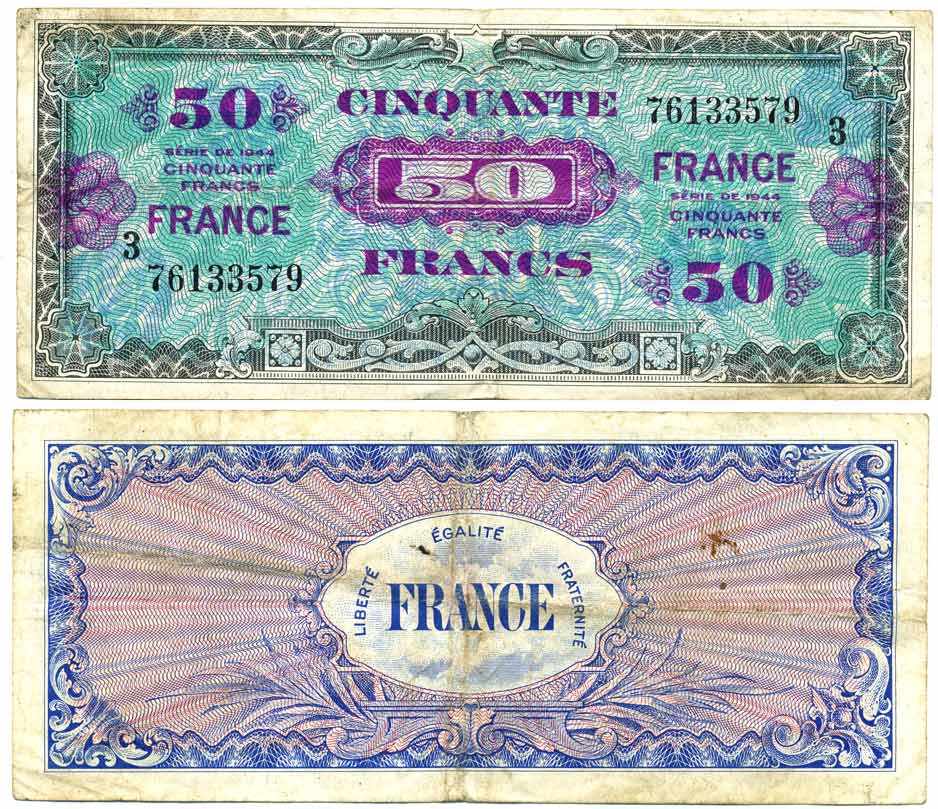 ФРАНЦИЯ 50 ФРАНКОВ 1944 БЛОК 3, ВТОРОЙ ВЫПУСК ПЕРЕХОДНОЕ ПРАВИТЕЛЬСТВО Pick 122c бумага 7484-78-2
