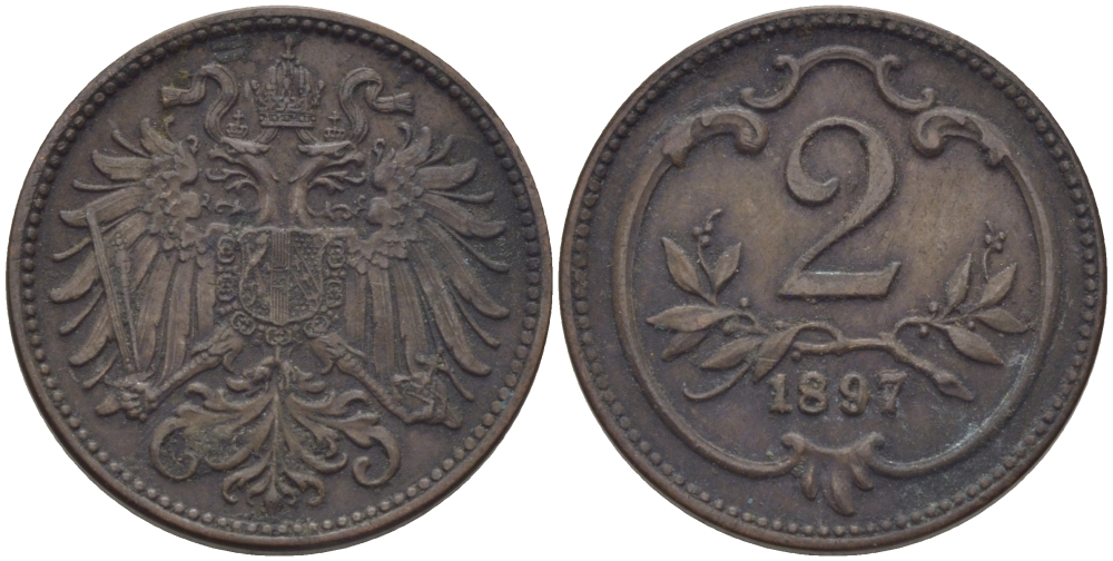АВСТРИЯ 2 ГЕЛЛЕРА 1897 ФРАНЦ ИОСИФ (1846-1918) KM 2801 бронза 100-138