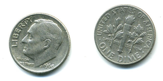 США 10 ЦЕНТОВ = 1 ДАЙМ 1968 РУЗВЕЛЬТ KM 195а медь плакированная медно-никелем 54-312