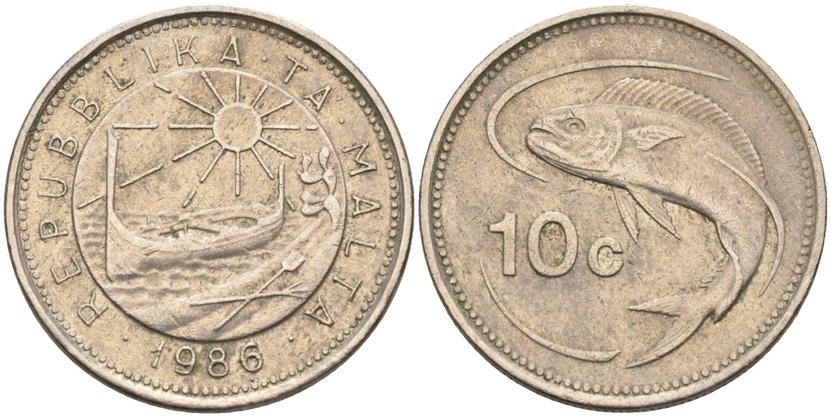 Мальта 10 центов 1986 золотая макрель KM 76 медно-никель 4588-214