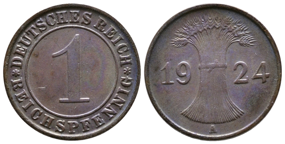 ГЕРМАНИЯ 1 РЕЙХСПФЕННИГ 1924 А KM 37, J.313 бронза 4380-1055