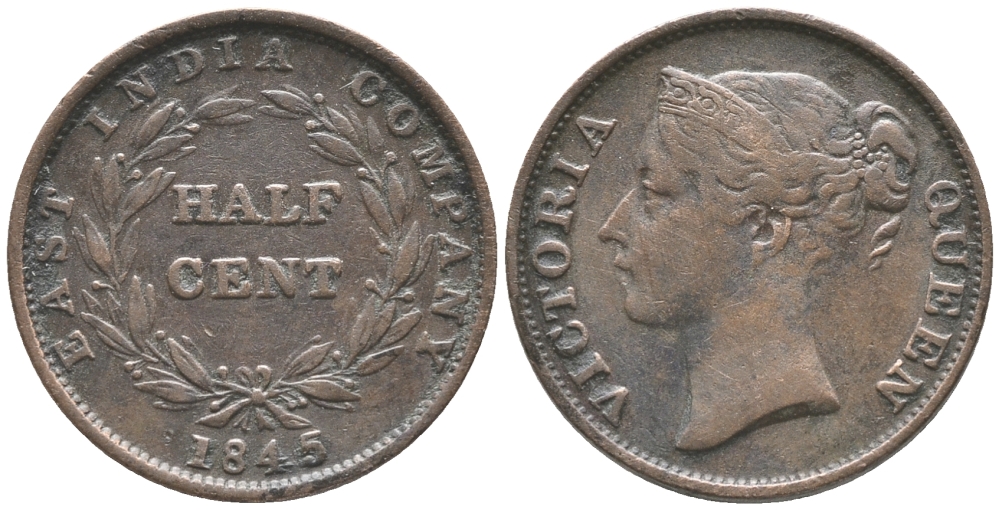 Стрейтс-Сетлментс 1/2 цента 1845 Ост-Индская компания KM 2 медь 34-131